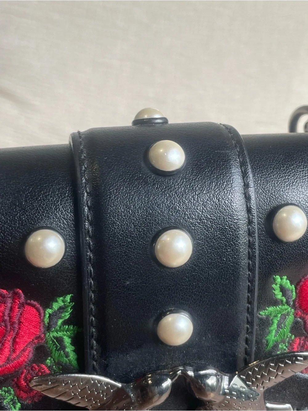 Pinko Black Crossbody with Red Rose Embroidery and Pearl Accents